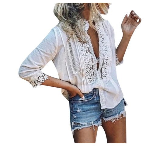 2022 Spring Summer Casual Blouse Women Top And Blouse Lace Crochet Half Sleeve Shirts Elegant Ladies V-Neck Loose Boho Blouse