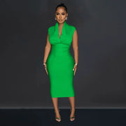 Women Draped Deep V-neck Sleeveless Bodycon Bandage Midi Dress 2023 Fashion Street Vestidos Sexy Party Evening Dresses