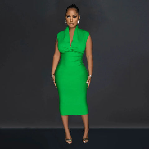 Women Draped Deep V-neck Sleeveless Bodycon Bandage Midi Dress 2023 Fashion Street Vestidos Sexy Party Evening Dresses