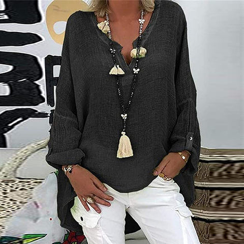 Women's Solid Color Cotton Linen Top Casual Loose Long Sleeve Blouses V-neck Beach Shirts Summer Spring Buttons Tunic Рубашки