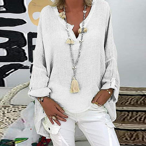 Women's Solid Color Cotton Linen Top Casual Loose Long Sleeve Blouses V-neck Beach Shirts Summer Spring Buttons Tunic Рубашки