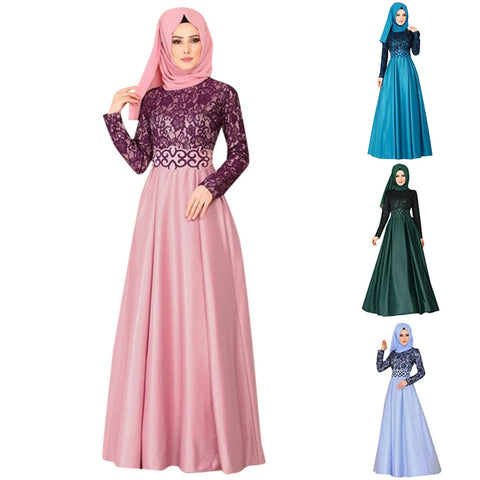 Ethnic Style Muslim Maxi Robe Women Lace Spliced Long Sleeved Elegant Temperamental High Waist Saudi Arabia Muslim Maxi Dress