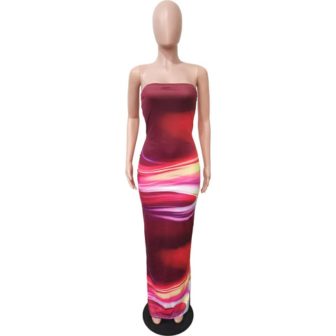 Echoine Tie Dye Print Strapless Skinny Long Dress Women Bodycon Sexy Party Evening Dresses Streetwear Vintage Vestidos Summer