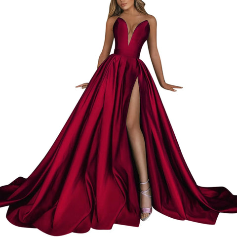 Burgundy Prom Party Strapless Dress Women‘s Sleeveless A-Line Slim Waist Dress Female Backless Wedding Evening Gown With Train