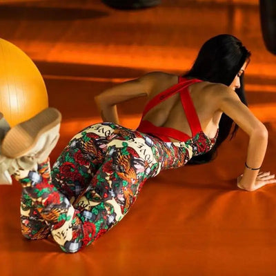 Pilates Outfit 1 Piece Workout Jumpsuits High Waist Breathable Stretchy Printed Backless Gym Outfits For Fitness Running