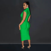 Women Draped Deep V-neck Sleeveless Bodycon Bandage Midi Dress 2023 Fashion Street Vestidos Sexy Party Evening Dresses