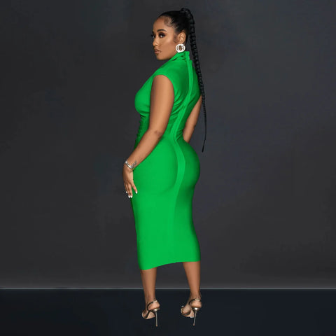 Women Draped Deep V-neck Sleeveless Bodycon Bandage Midi Dress 2023 Fashion Street Vestidos Sexy Party Evening Dresses