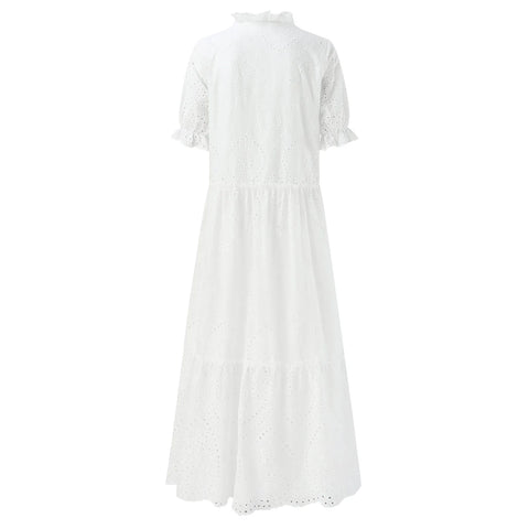 Summer Cotton White Dress For Women Casual Hollow Crochet Bohemian Loose Beach Long Dress Ladies Plus Size Holiday Ruffles Dress