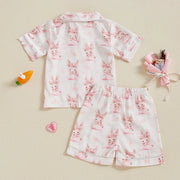 Summer Boy Girl Easter Satin Pajamas Set Bunny Print Short Sleeve Lapel Button Down Tops with Shorts Sleepwear