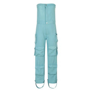 Women's Sexy Off Shoulder Tube Denim Cargo Jumpsuits Wide Leg Baggy Loose Jean Pants Rompers Overalls Control Too Pants
