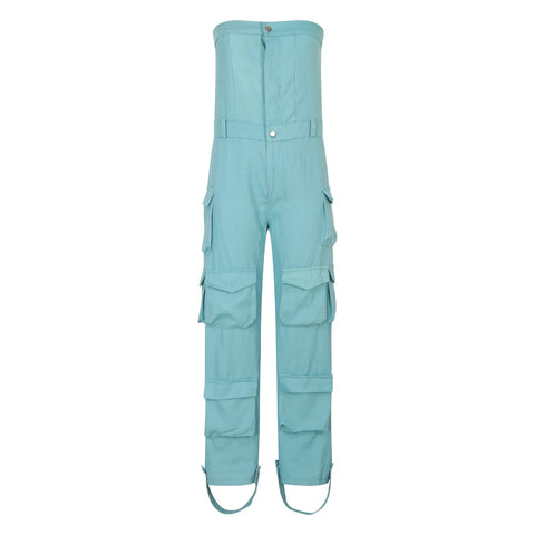 Women's Sexy Off Shoulder Tube Denim Cargo Jumpsuits Wide Leg Baggy Loose Jean Pants Rompers Overalls Control Too Pants