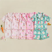 Summer Boy Girl Easter Satin Pajamas Set Bunny Print Short Sleeve Lapel Button Down Tops with Shorts Sleepwear