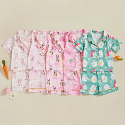 Summer Boy Girl Easter Satin Pajamas Set Bunny Print Short Sleeve Lapel Button Down Tops with Shorts Sleepwear