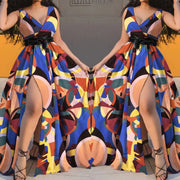 Elastic Waist V Neck Long Dress Sleeveless Print Side Slit Evening Party Dress Ladies Round Dot Printing Casual Sweet dress