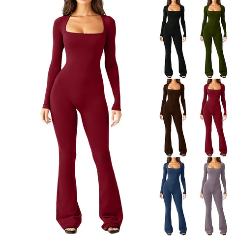 Women Autumn Winter Long Sleeve Bodycon Streetwear Jumpsuit Overall One-Piece Outfit Square Neck Solid Wide Leg Pant Yoga Cloth