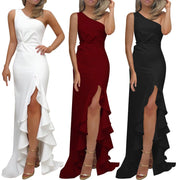 Ladies Sexy Slash Neck Ruched Evening Dresses Women Irregular Ruffles Formal Dress Slim Bodycon Solid Prom Dresses Evening Party