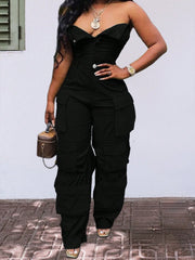 Solid Color Casual Overalls Jumpsuit, Sexy Straight Tube Tube Top Long Jumpsuit, With Pockets, Women's Wear