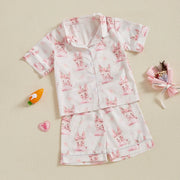 Summer Boy Girl Easter Satin Pajamas Set Bunny Print Short Sleeve Lapel Button Down Tops with Shorts Sleepwear