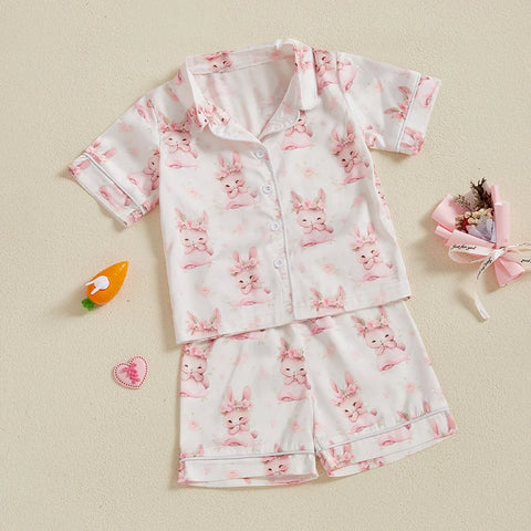 Summer Boy Girl Easter Satin Pajamas Set Bunny Print Short Sleeve Lapel Button Down Tops with Shorts Sleepwear