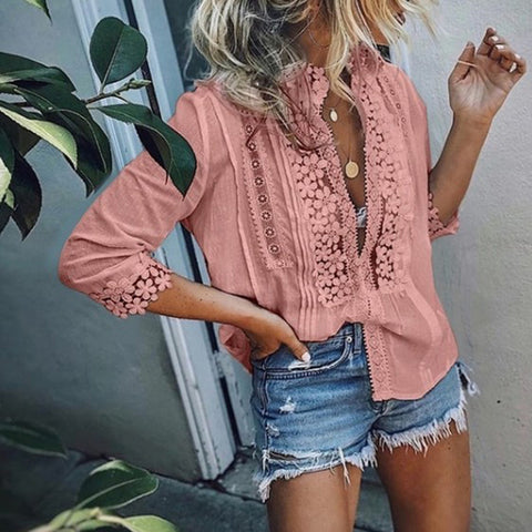 2022 Spring Summer Casual Blouse Women Top And Blouse Lace Crochet Half Sleeve Shirts Elegant Ladies V-Neck Loose Boho Blouse