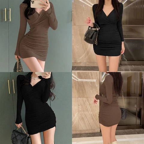 Long Sleeved Sexy Dress Women Clothing Autumn Winter Tight Fitting Skirt Appear Thin Wrap Buttocks Dresses