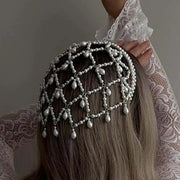 Stonefans Grid Pendant Headdress Costume Women Carnival Headband 1920s Pearl Hair Bohemian Fashion Vintage Headwear Accessories