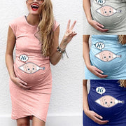 Summer Maternity Cartoon Baby Funny Print Dress, Casual Stretchy Short Sleeve Crew Neck Slim Fit Bodycon Long T-shirts