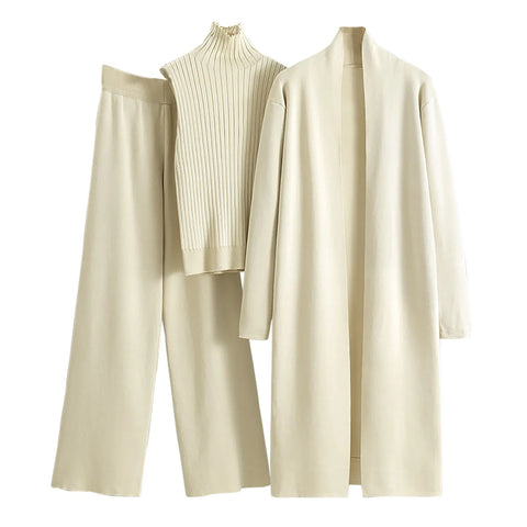 Ladies 3 Piece Outfits Sweater Sets Pullover Crop Top & Knitted Long Cardigan & Wide Leg Pants Suits Autumn Clothes Sets