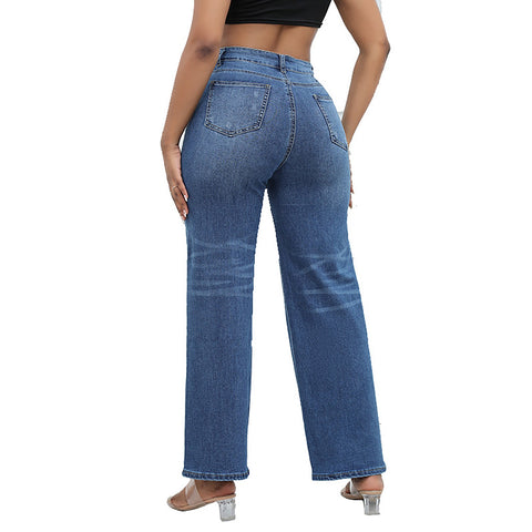Women'S Ripped Boyfriend Jeans Draping Straight Leg Jeans Ladies Stretch Hole Denim Trousers Button Pocket High Rise Pant