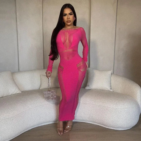 Women Full Sleeve Long Dress Mesh Hollow Out 2024 Fall O-neck Evening Vestidos Sexy Party Club Maxi Dresses Vestidos