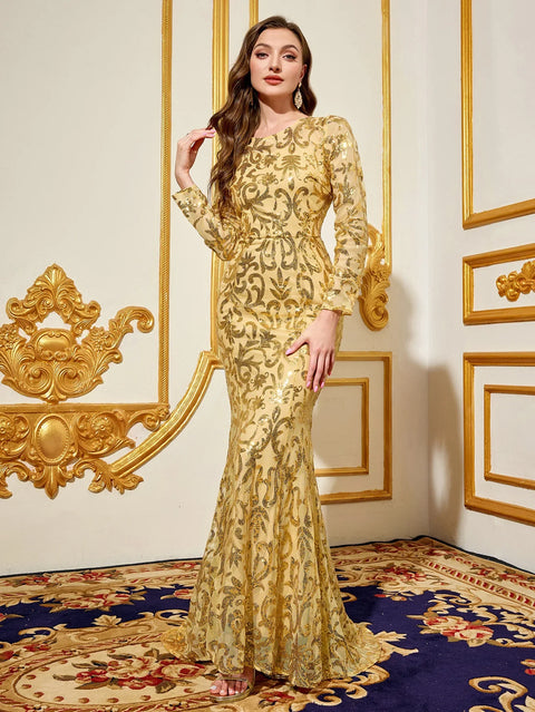 Party Dresses Luxury Women Sequin Dress Purple Round Neck Long Evening Dress Long Sleeved Dress Celebrity Evening Dress Glitter