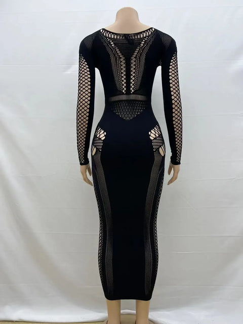 Women Full Sleeve Long Dress Mesh Hollow Out 2024 Fall O-neck Evening Vestidos Sexy Party Club Maxi Dresses Vestidos