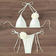 Halter 3D Rose Flower Decor Brazilian Bikini Women Sexy Low Waist Lace Up Split Two Pieces Swimwear Female Bathing Suits Swim