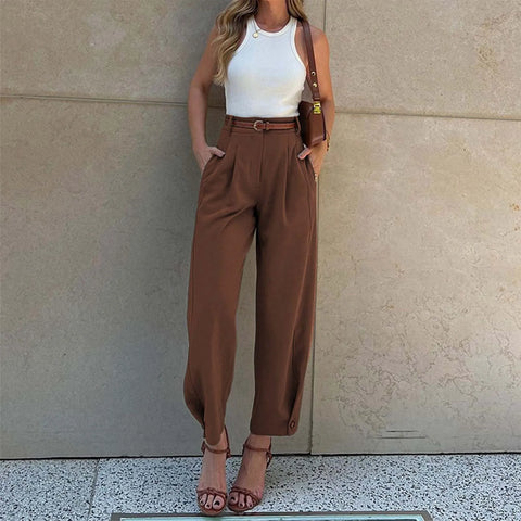 Elegant Women'S Solid Color Pants Loose Fit Cropped Trousers High Waist Casual Suit Pants Fashionable Stright Long Wide Leg Pant