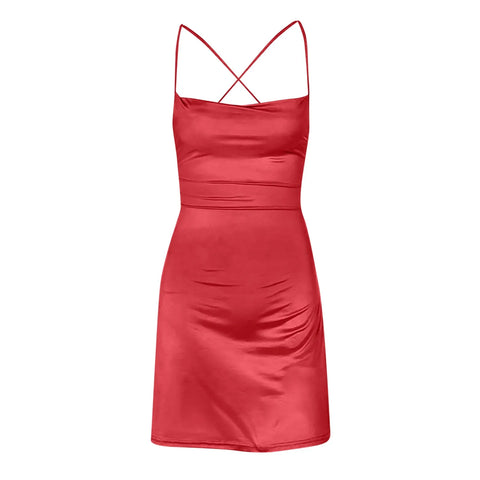 Sky Blue Backless Satin Mini Party Dress for Women Sexy V-neck Front Ruched Graduation Prom Dress Elegant Bodycon Sling Dresses