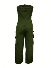 Solid Color Casual Overalls Jumpsuit, Sexy Straight Tube Tube Top Long Jumpsuit, With Pockets, Women's Wear