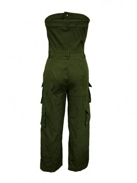 Solid Color Casual Overalls Jumpsuit, Sexy Straight Tube Tube Top Long Jumpsuit, With Pockets, Women's Wear