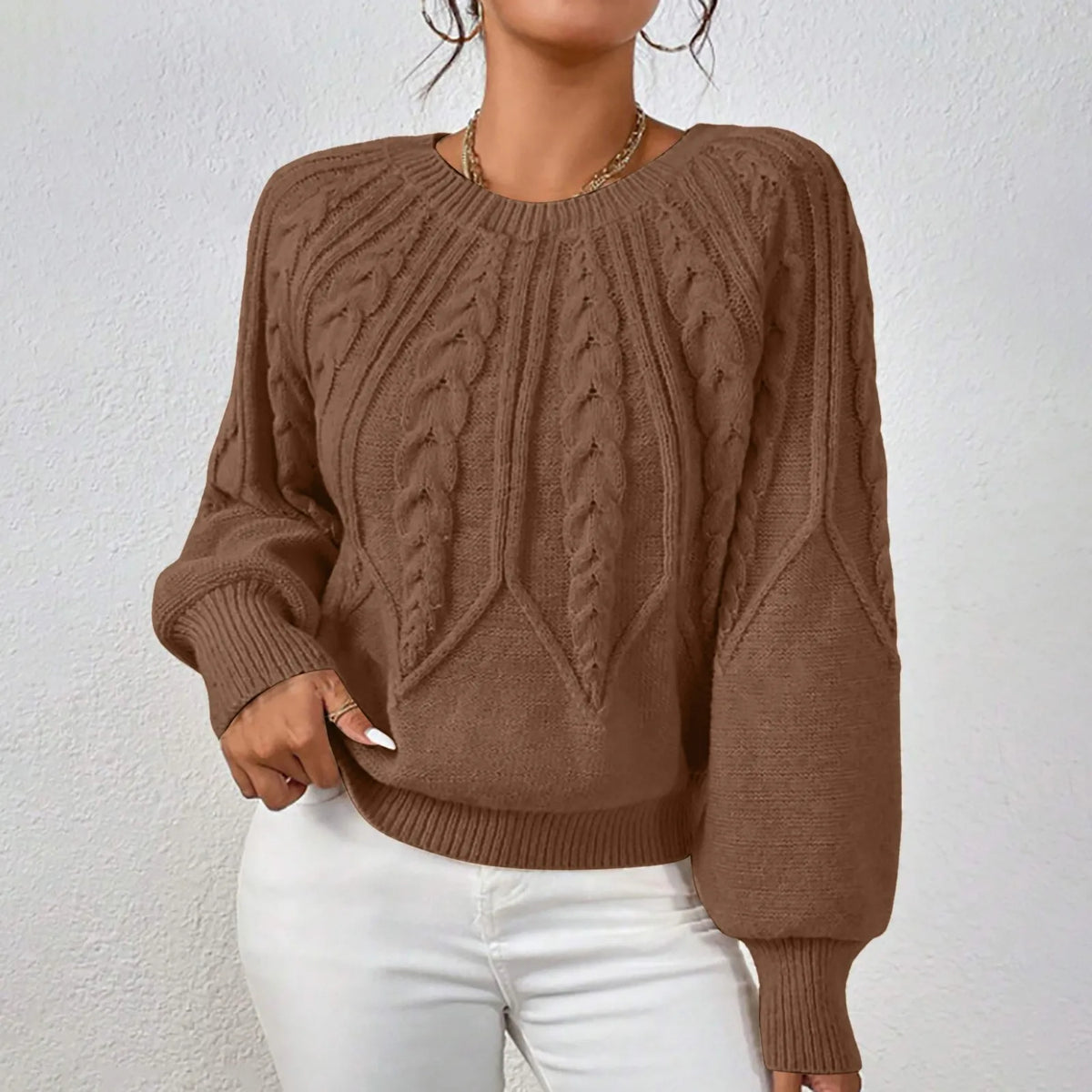 Cable Knit Puff Sleeve Crewneck Sweater – view 7 of 20