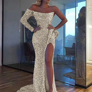Elegant Sparkly Sequins Dresses Women 2023 Fashion Mermaid Slash Neck One Shoulder Wedding Prom Dress Slim Split Evening Dress
