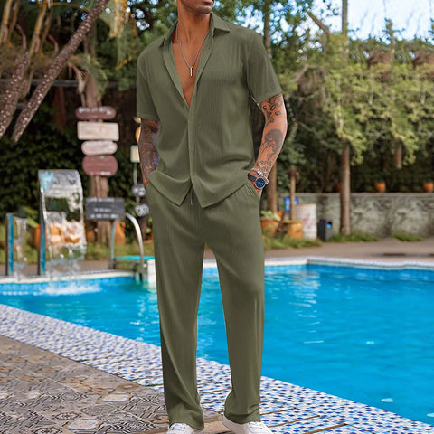 Loose Casual Set Mens Two Piece Outfit Solid Color Short Sleeve Shirts Long Pants Spring And Autumn Fashion Casual Clothes