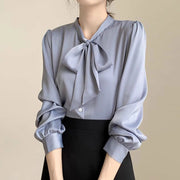 Business Shirts for Women Long Sleeve Slimming Satin Silk Blouse With Bow Tie Female Elegant High End Solid Color Blouse