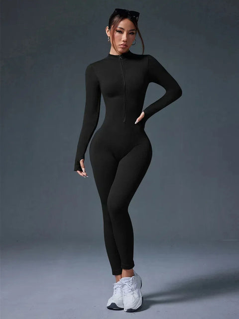 Half Zip Jumpsuit Women Gym Bodysuit Long Sleeve Activewear Set Running Workout Romper Fitness Overalls Sportswear Yoga Clothes