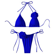 Halter 3D Rose Flower Decor Brazilian Bikini Women Sexy Low Waist Lace Up Split Two Pieces Swimwear Female Bathing Suits Swim