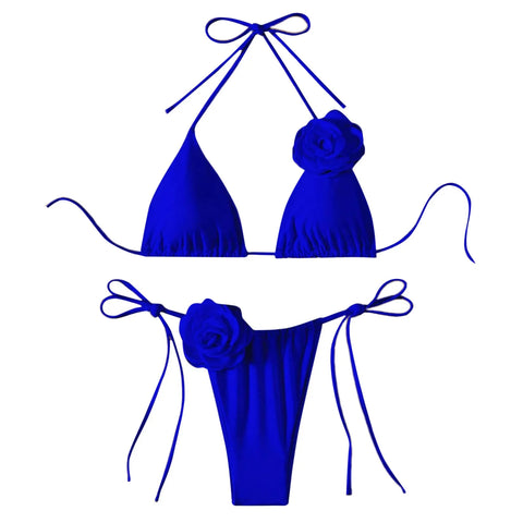 Halter 3D Rose Flower Decor Brazilian Bikini Women Sexy Low Waist Lace Up Split Two Pieces Swimwear Female Bathing Suits Swim