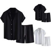 Mens Casual Waffle Shirt Suit Two Piece Solid Short Sleeved Shirt And Shorts Suit Harajuku Casual T-Shirt And Shorts Set