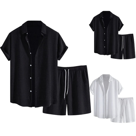 Mens Casual Waffle Shirt Suit Two Piece Solid Short Sleeved Shirt And Shorts Suit Harajuku Casual T-Shirt And Shorts Set