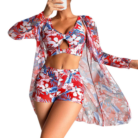 Brazilian Bikini Set Women Floral Printed Beach Wear Three Piece Push Up Cover Up Swimsuit Sexy Swimming Suit 2024 Bathing Suit