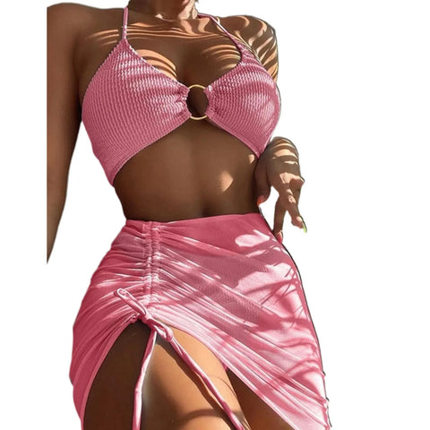 Bikini Women'S Sexy Solid 3 Piece Bathing Suit Seductive Hollow Buckle Biquini With Adjustable Drawstring For Womens купальники