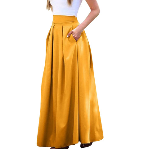 Spring Summer Office Lady Pleated Skirt Women High Waist A Line Floor Length Skirt Faldas With Pockets Solid Baggy Maxi Skirt
