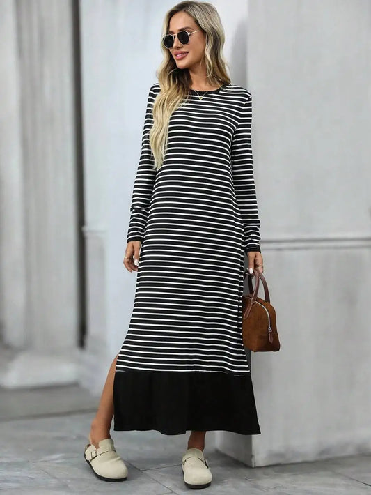 Striped Patchwork Long Sleeve Midi Dress – main view